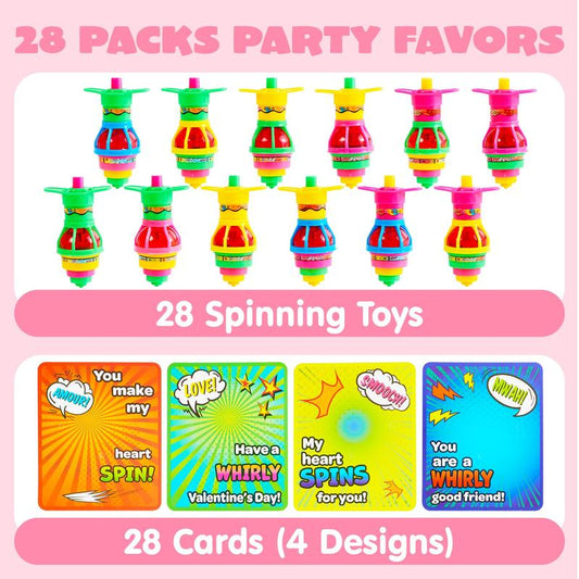 28 Pack Light up Spinning Tops With Valentines Exchange Cards