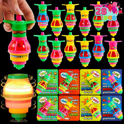28 Pack Light up Spinning Tops With Valentines Exchange Cards